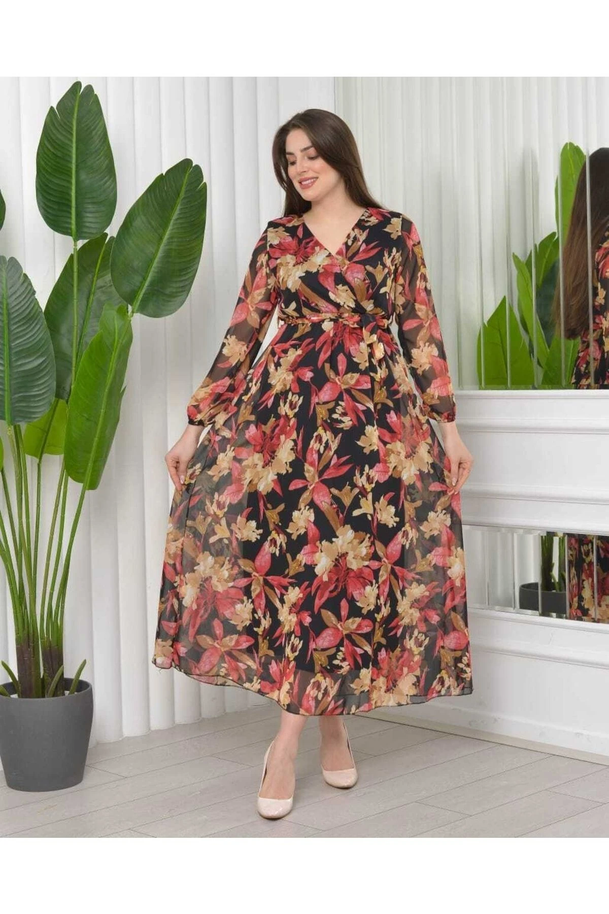 Şifon V Yaka Balon Kol Şifon