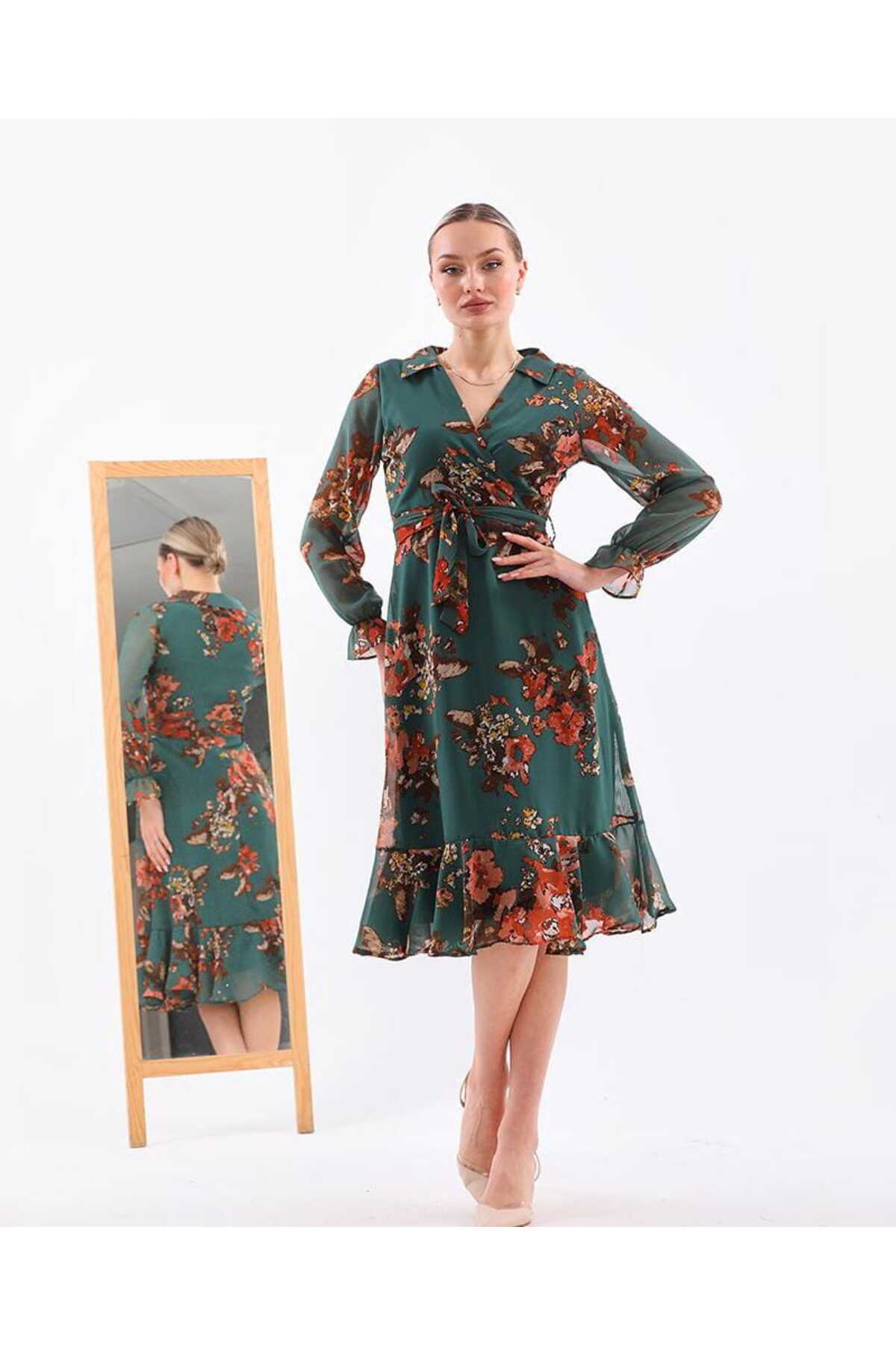 Yakalı Midi Boy Şifon Elbise