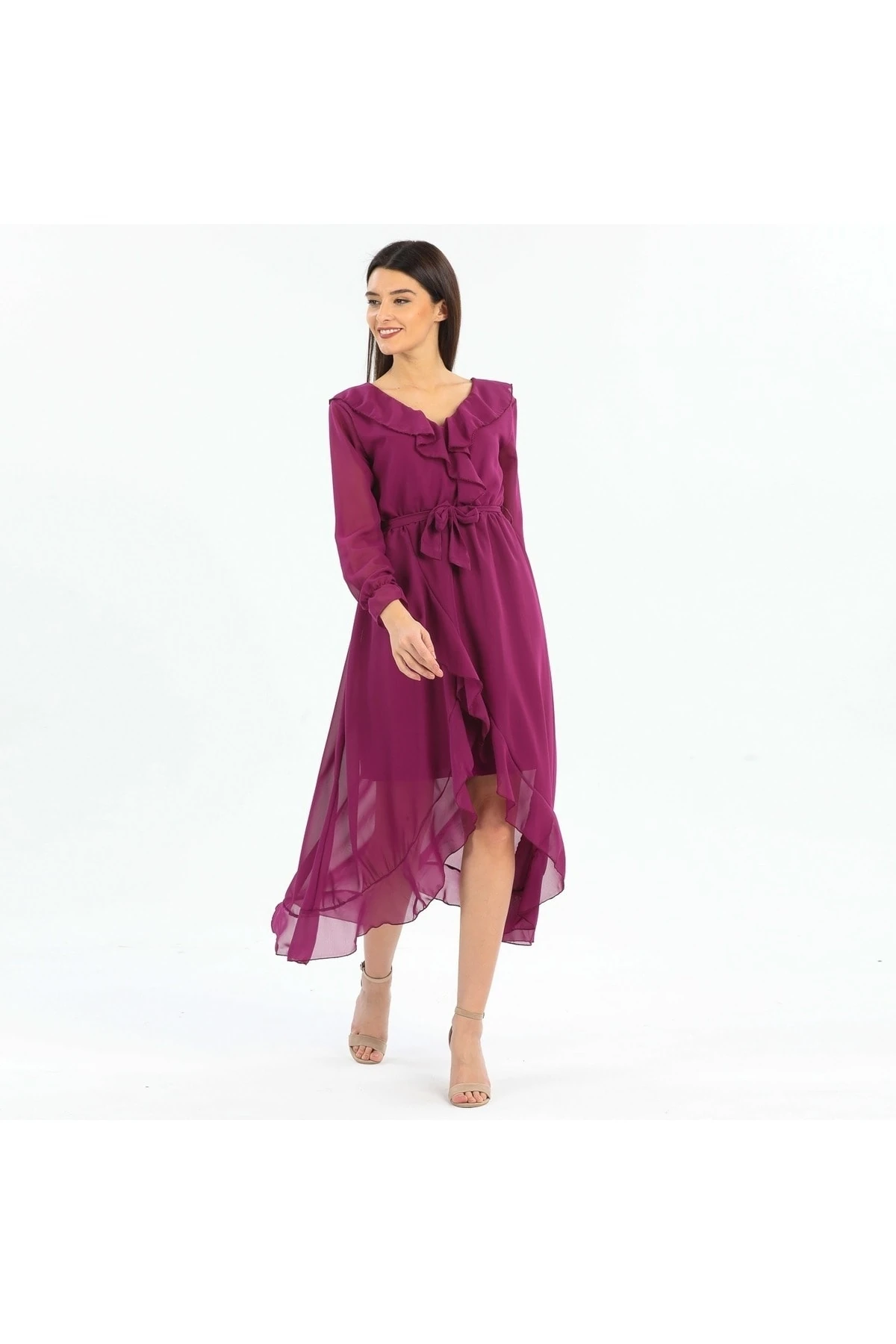 Uzun Kol Fırfırlı Düz Şifon Elbise