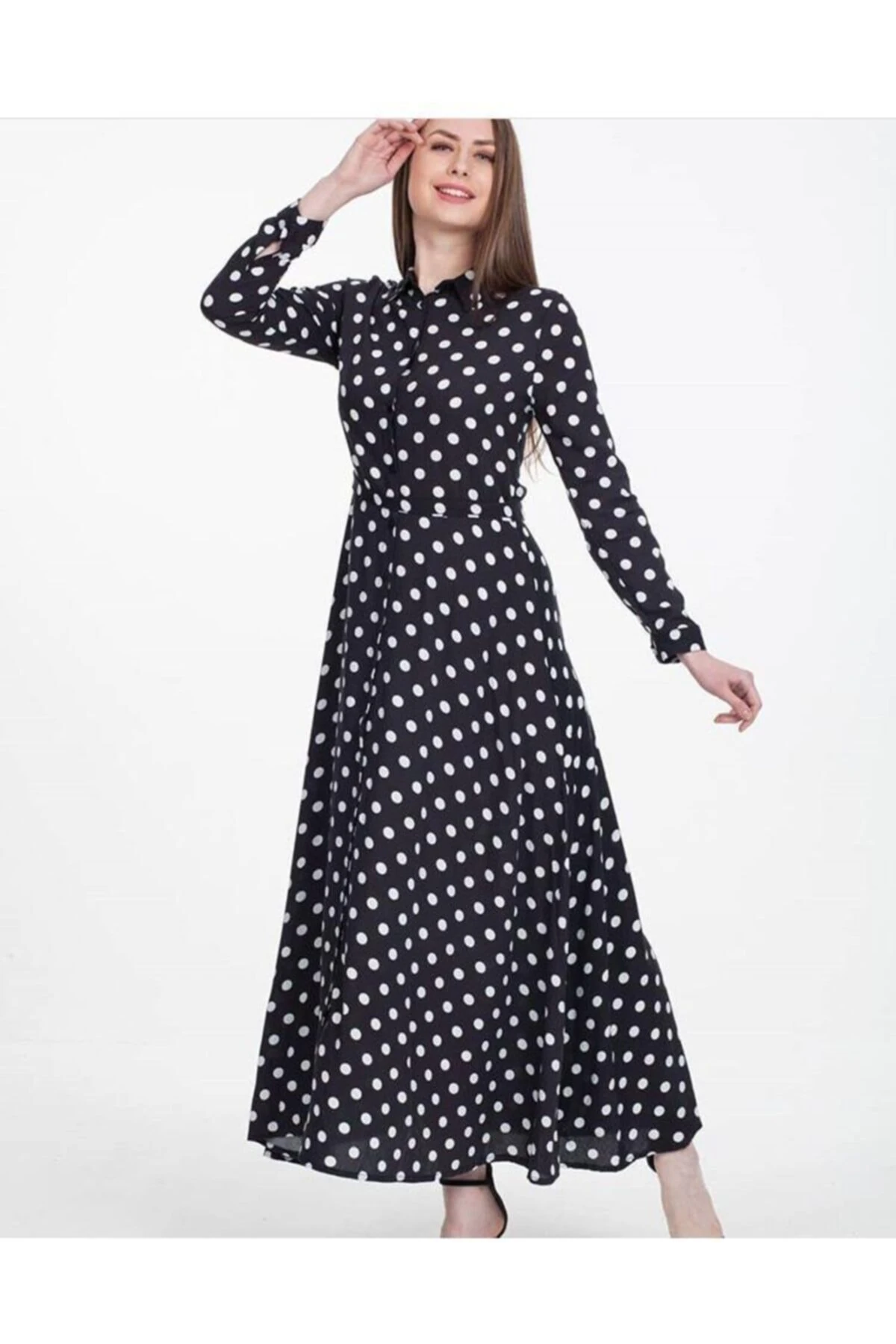Puanlı Gömlek Yaka Uzun Boy Viskon Elbise
