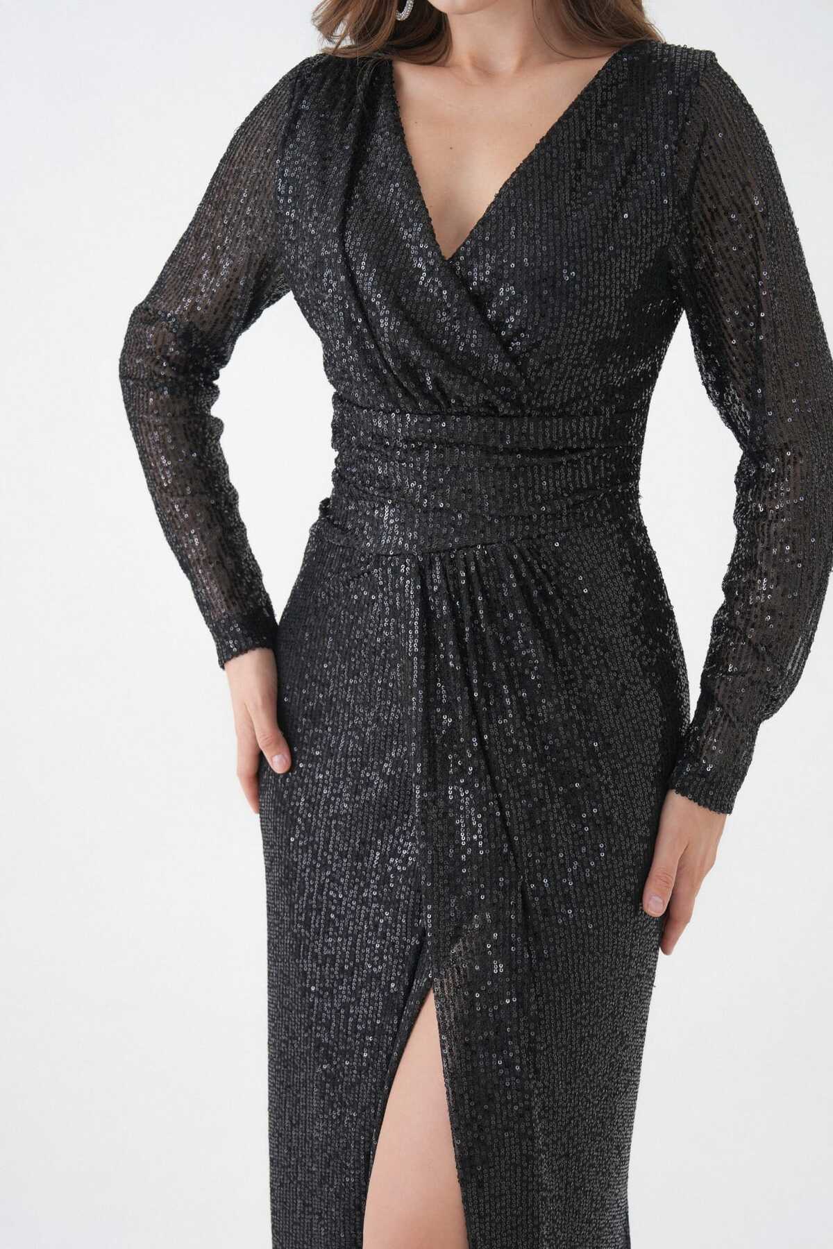 Eteği Kruvaze Uzunkol Pulpayet Abiye