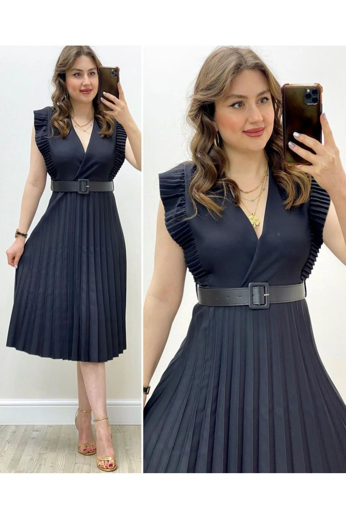 Kolsuz Pileli Elbise