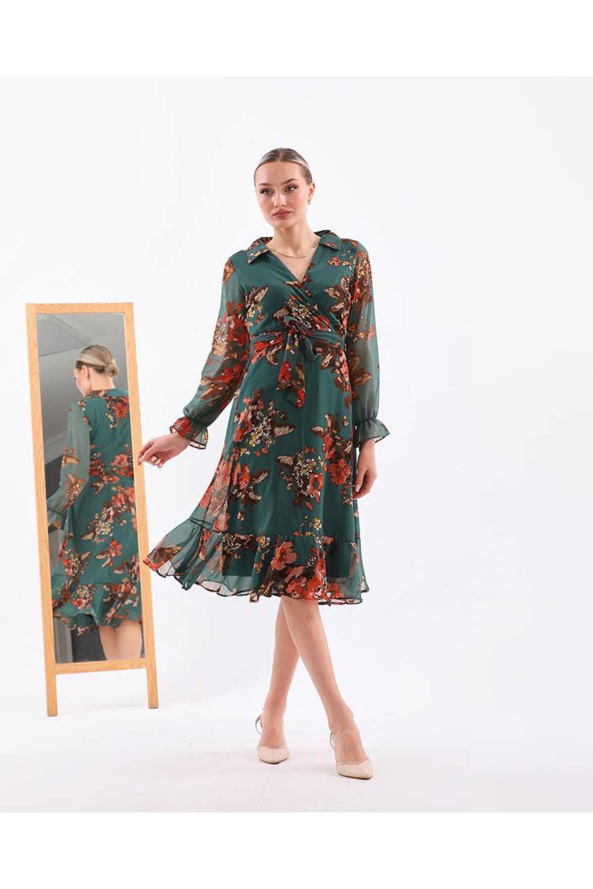 Yakalı Midi Boy Şifon Elbise