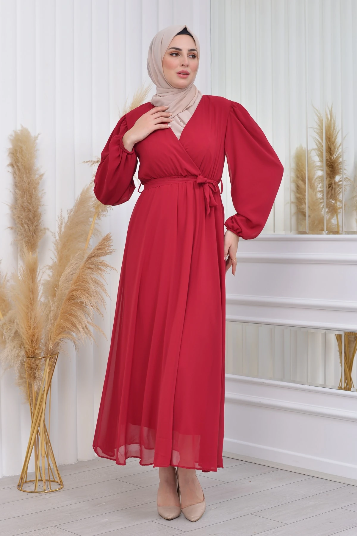 Kolu Astarlı Düz Şifon Elbise