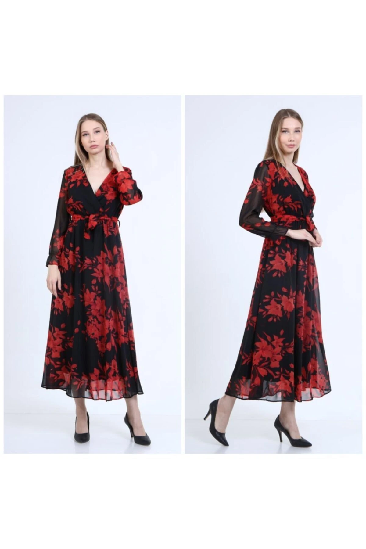 Kadın Kırmızı Çiçek Desenli Uzun Şifon Elbise - a11 desen