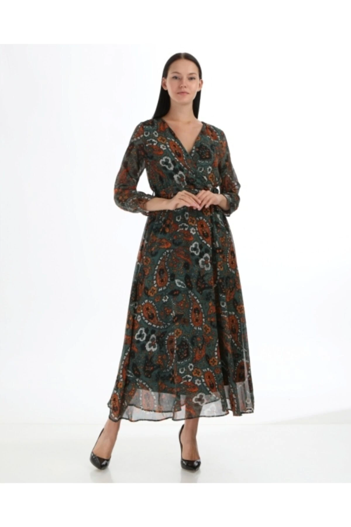 Kadın Yeşil Çiçekli Uzun Boy Şifon Elbise - yeşil