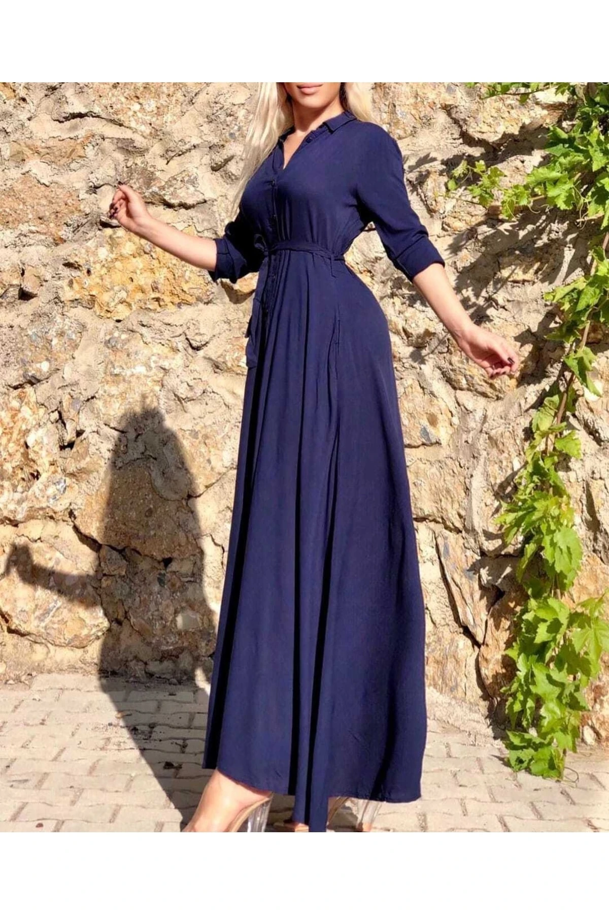 Gömlek Yaka Uzun Boy Viskon Elbise