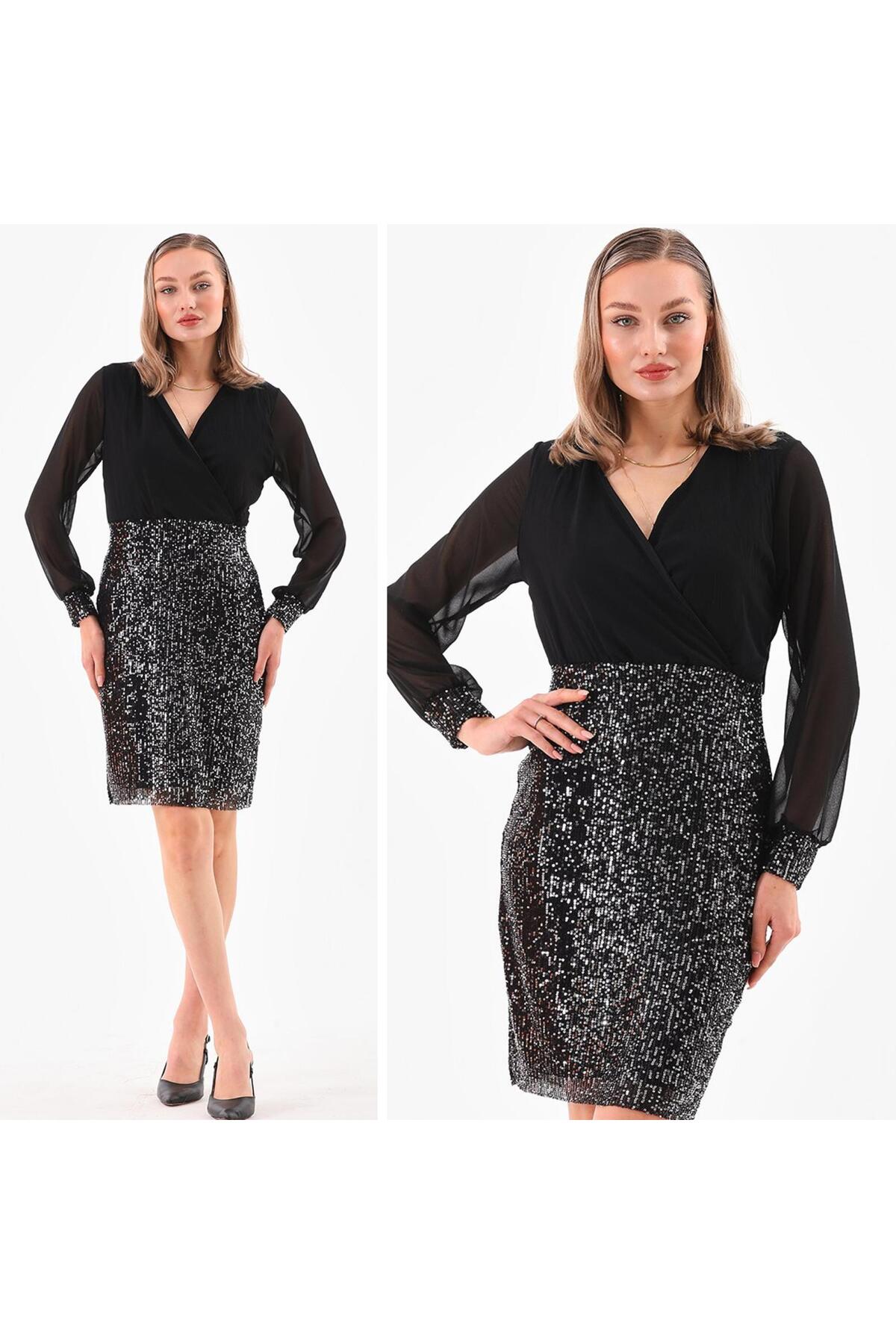 Pul Payetli  Üstü Şifon Elbise