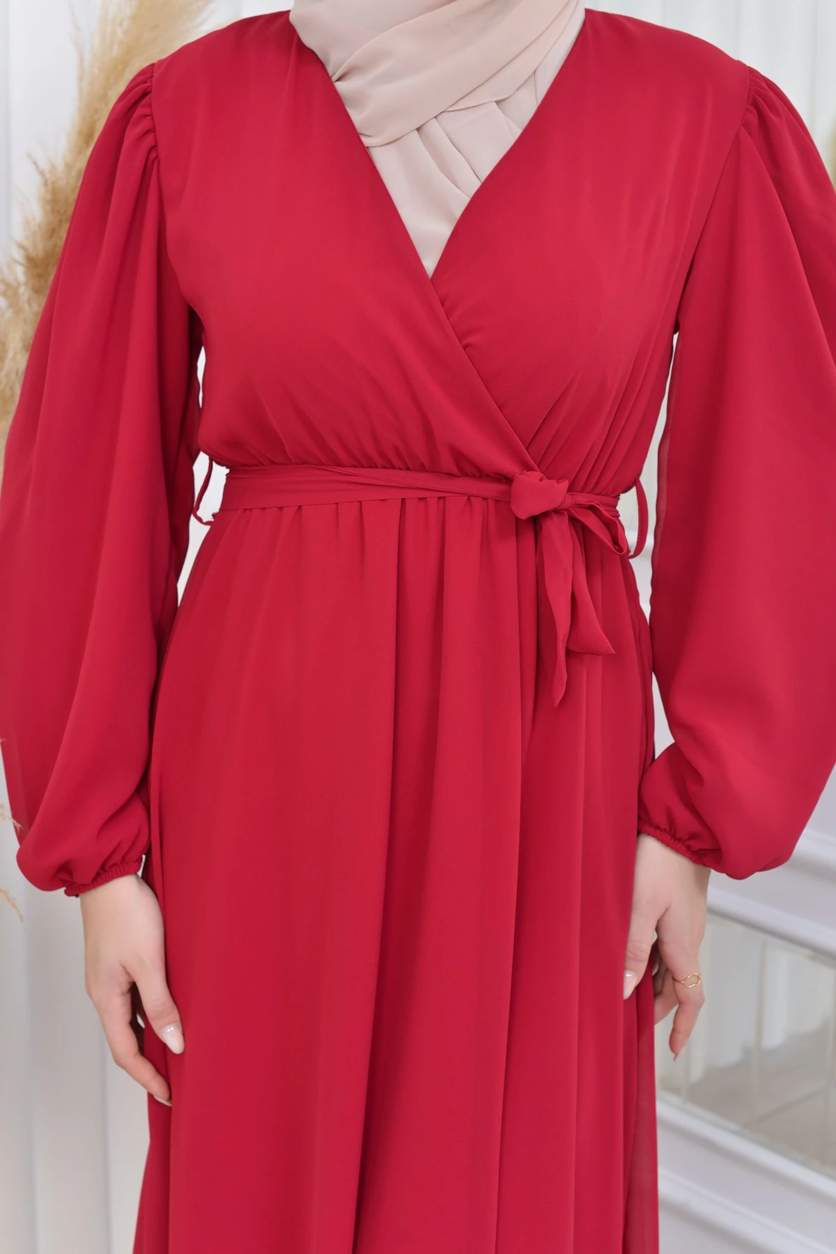 Kolu Astarlı Düz Şifon Elbise