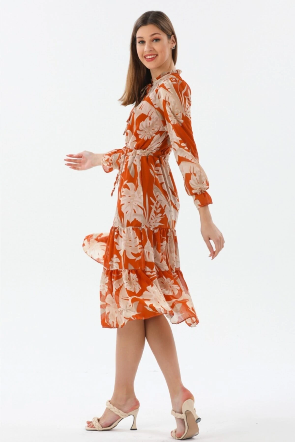 Midi Boy Bağcıklı Şifon Elbise