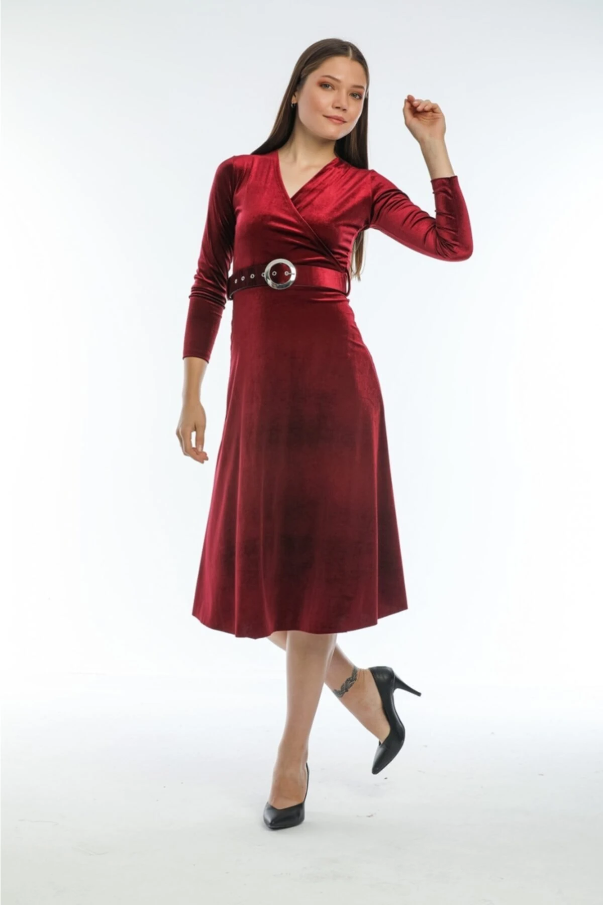 Ithal Kadife Elbise Midi (KEMERLİ) - bordo