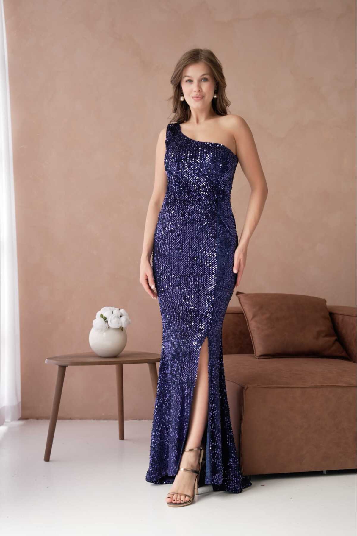 Tek Omuz Pulpayet Abiye Elbise