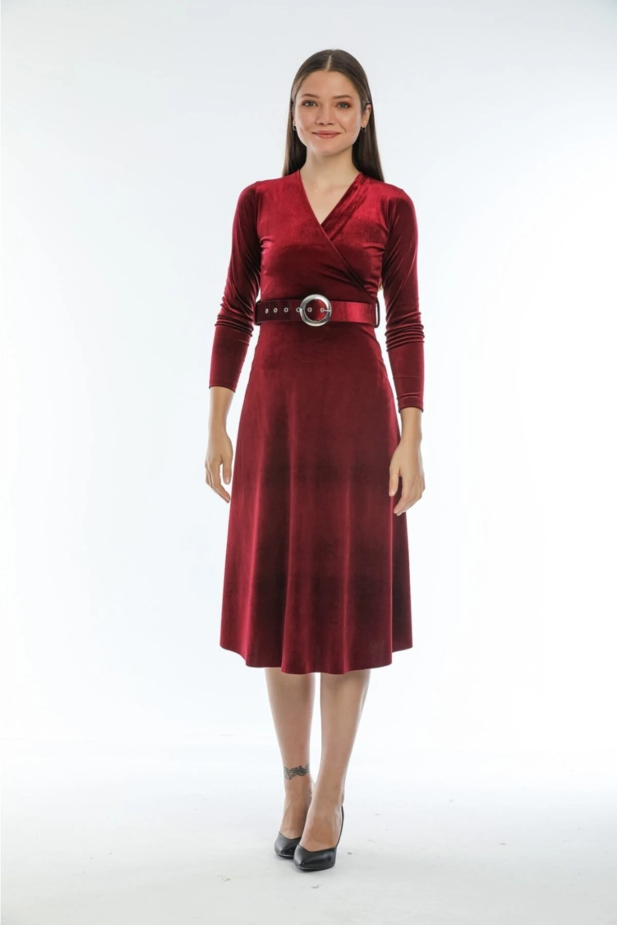 Ithal Kadife Elbise Midi (KEMERLİ)