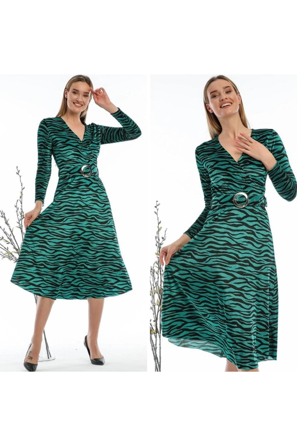 Desenli Midi Boy Kemerli Kadife Elbise