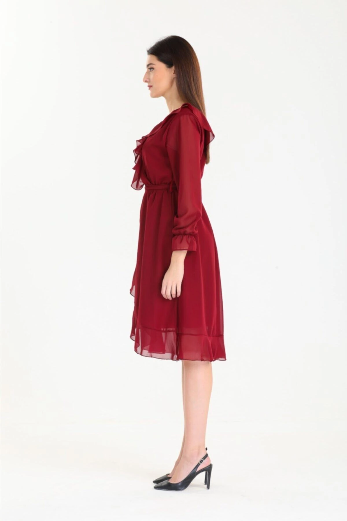 Midi Boy Fırfırlı Düz Şifon Elbise