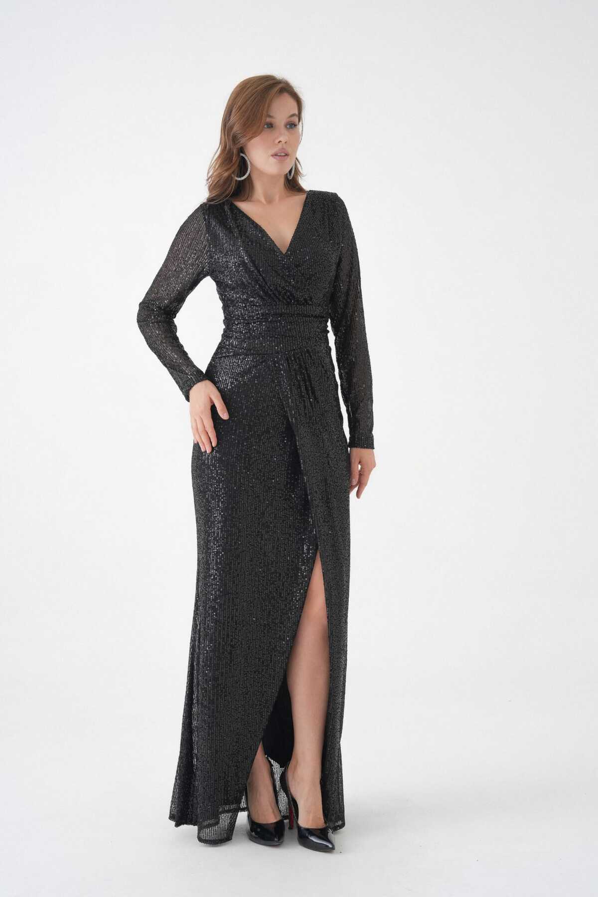 Eteği Kruvaze Uzunkol Pulpayet Abiye