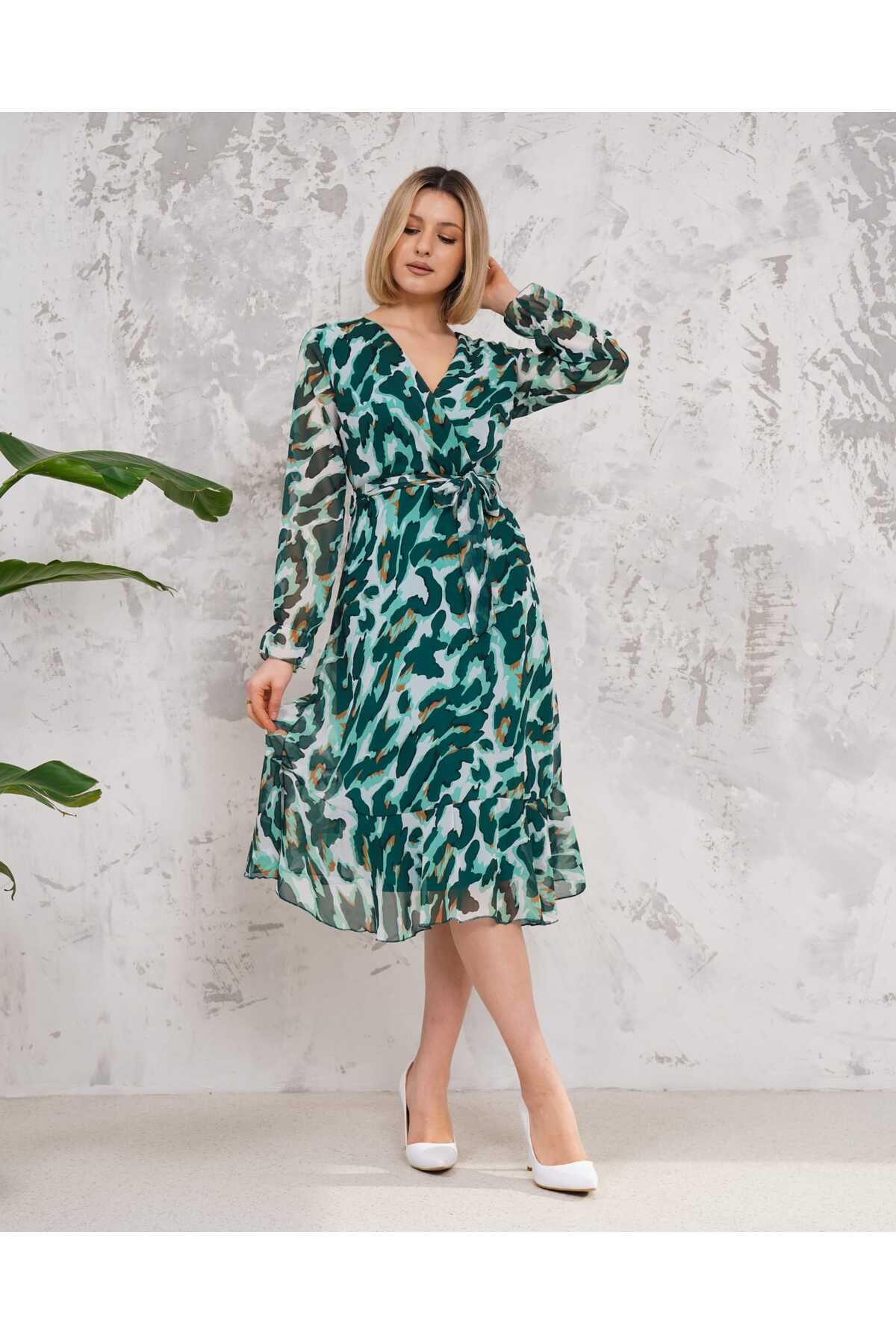 Yan Fermuarlı Midi Boy Desenli Şifon