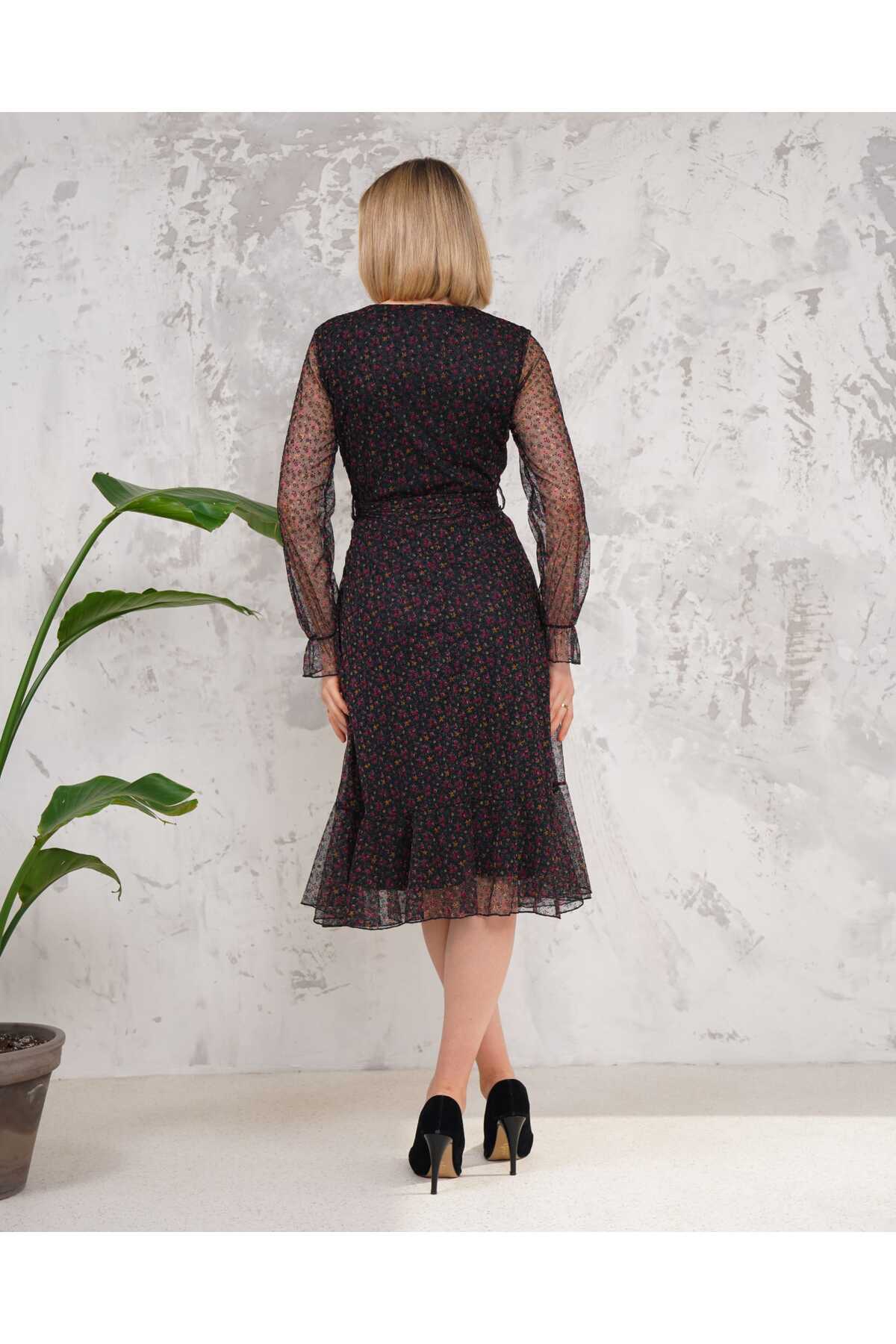 Yan Fermuarlı Midi Boy Filoklu Likralı Tül Elbise