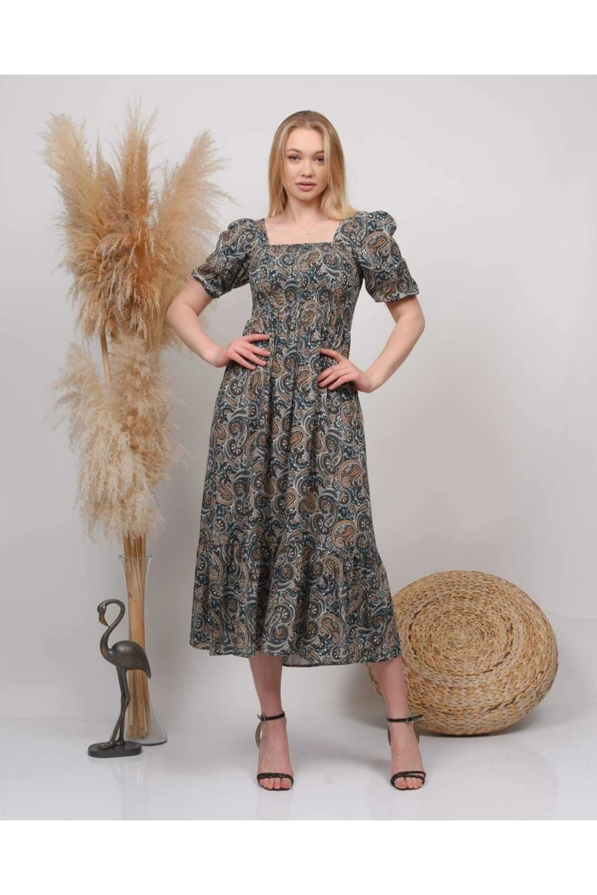 Midi Boy Gipeli Viskon Elbise - karışık