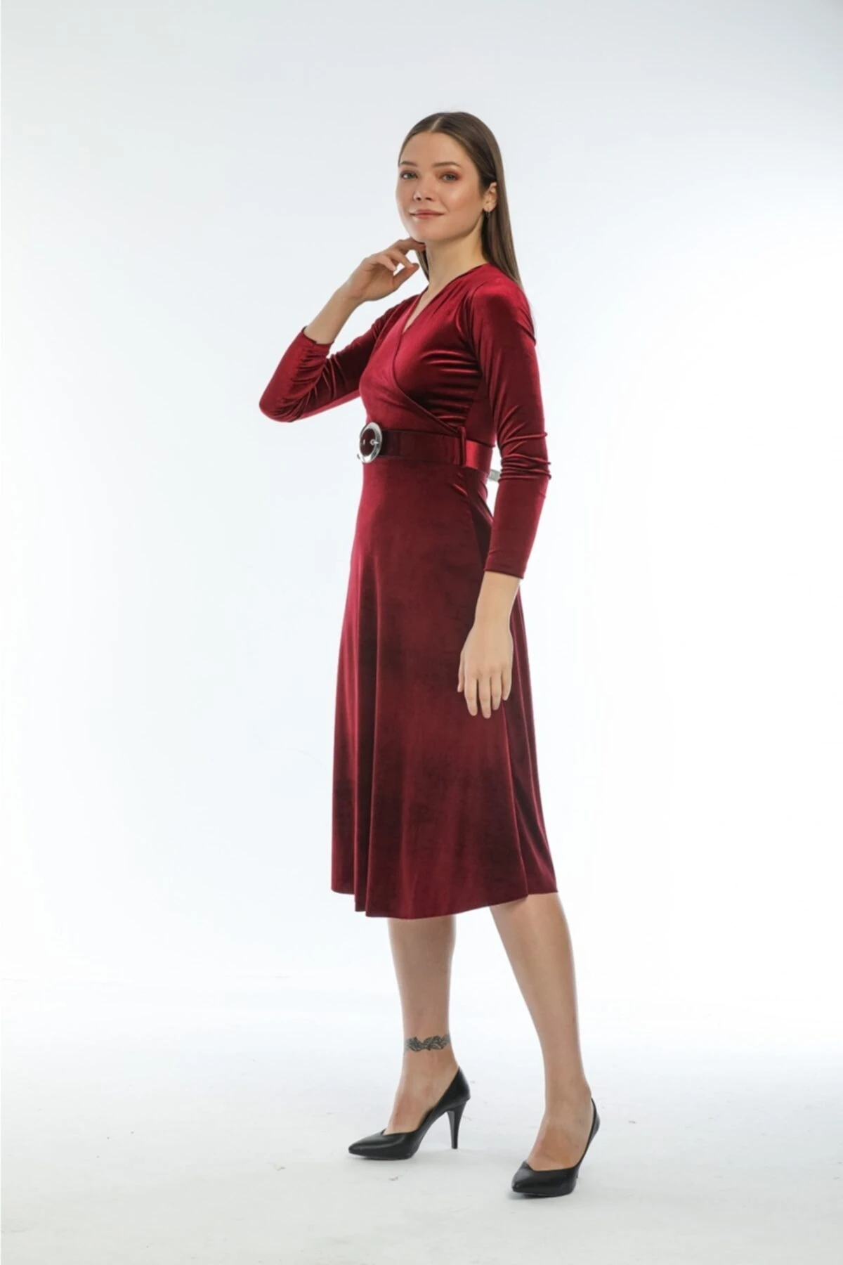 Ithal Kadife Elbise Midi (KEMERLİ)