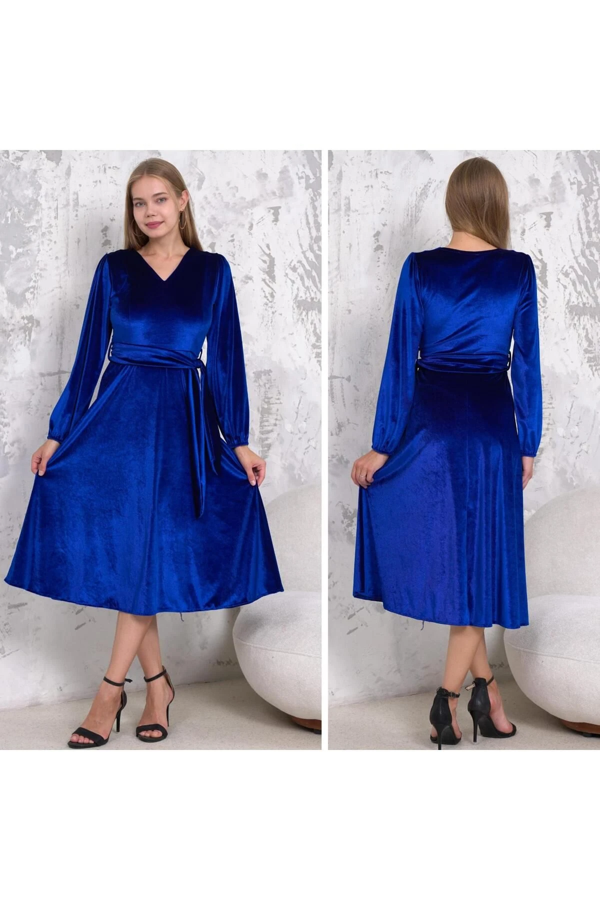 V Yaka Kloş Midi Boy Kadife Elbise