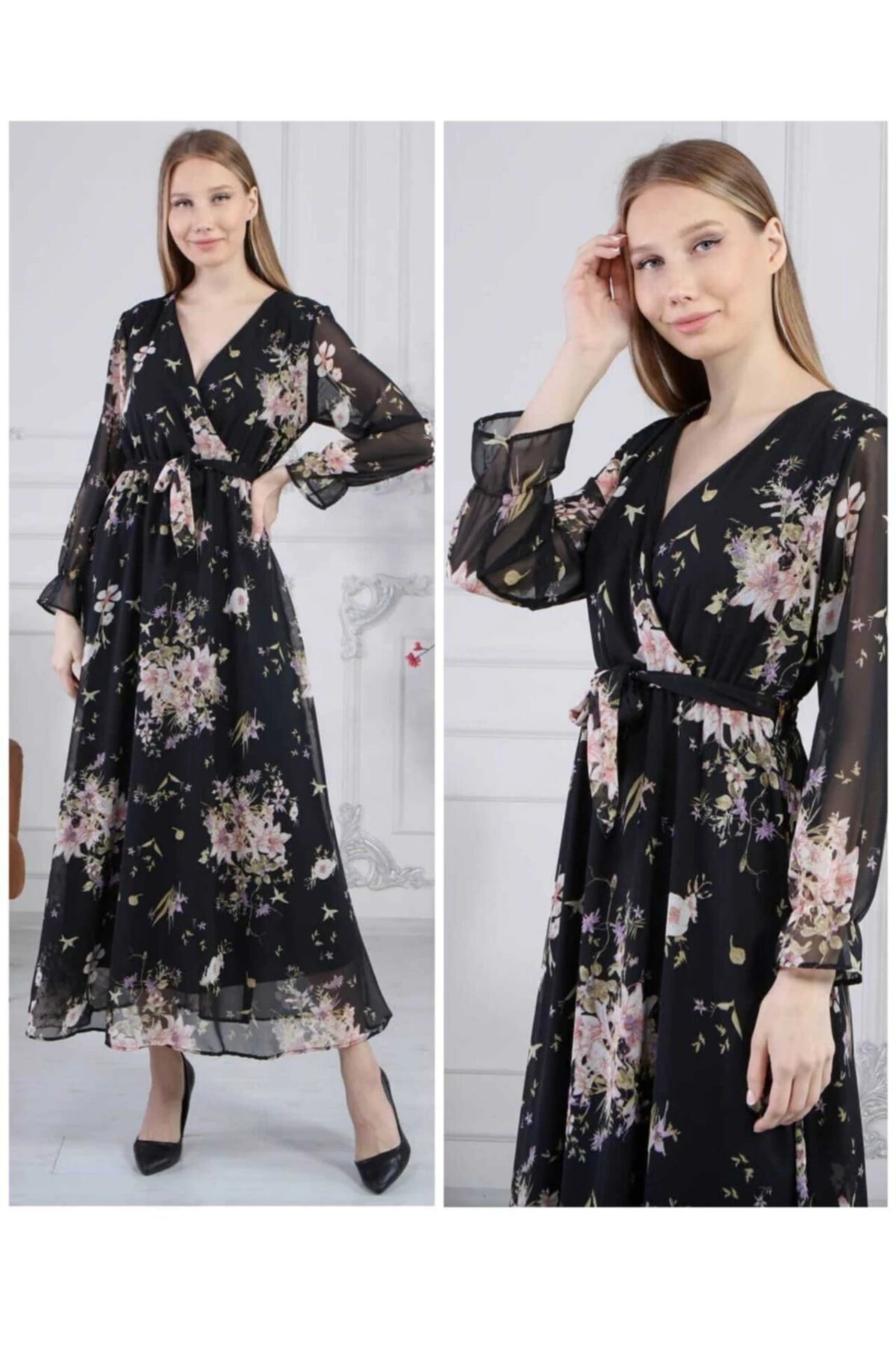 Kadın   Çiçek Desenli Uzun Şifon Elbise - a7 desen