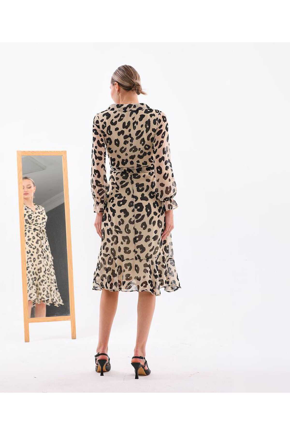 Yakalı Midi Boy Şifon Elbise