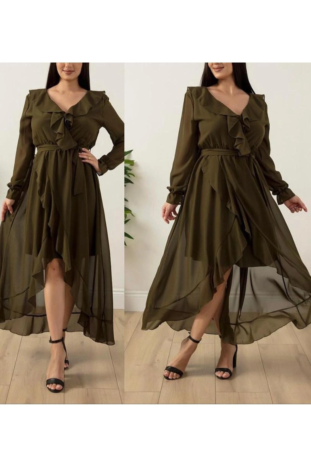 Uzun Kol Fırfırlı Düz Şifon Elbise - haki