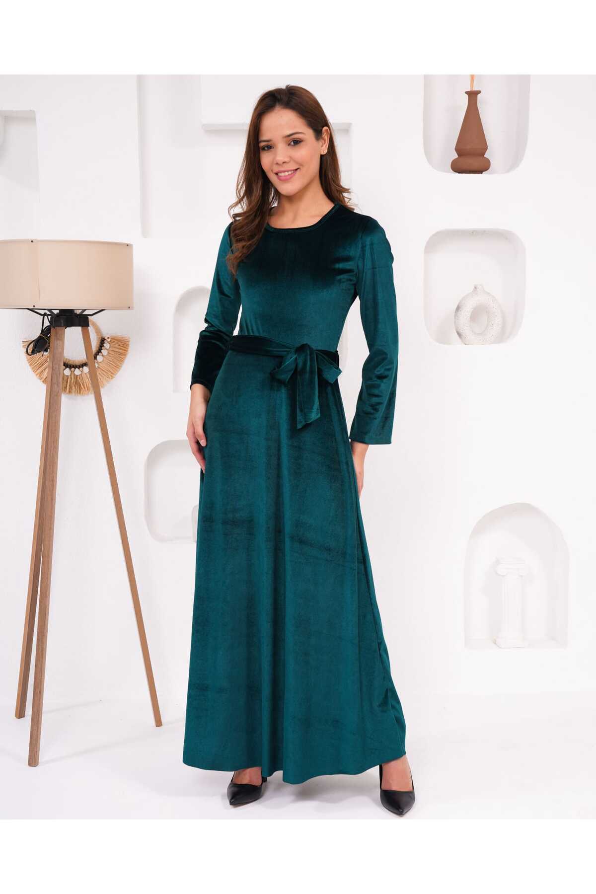 Bisiklet Yaka Kadife Elbise - yeşil