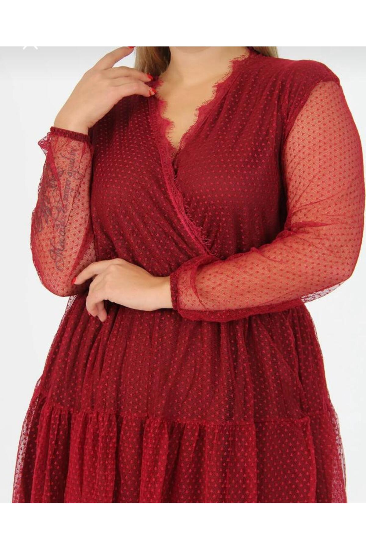 V Yaka Midi Boy Tül Elbise