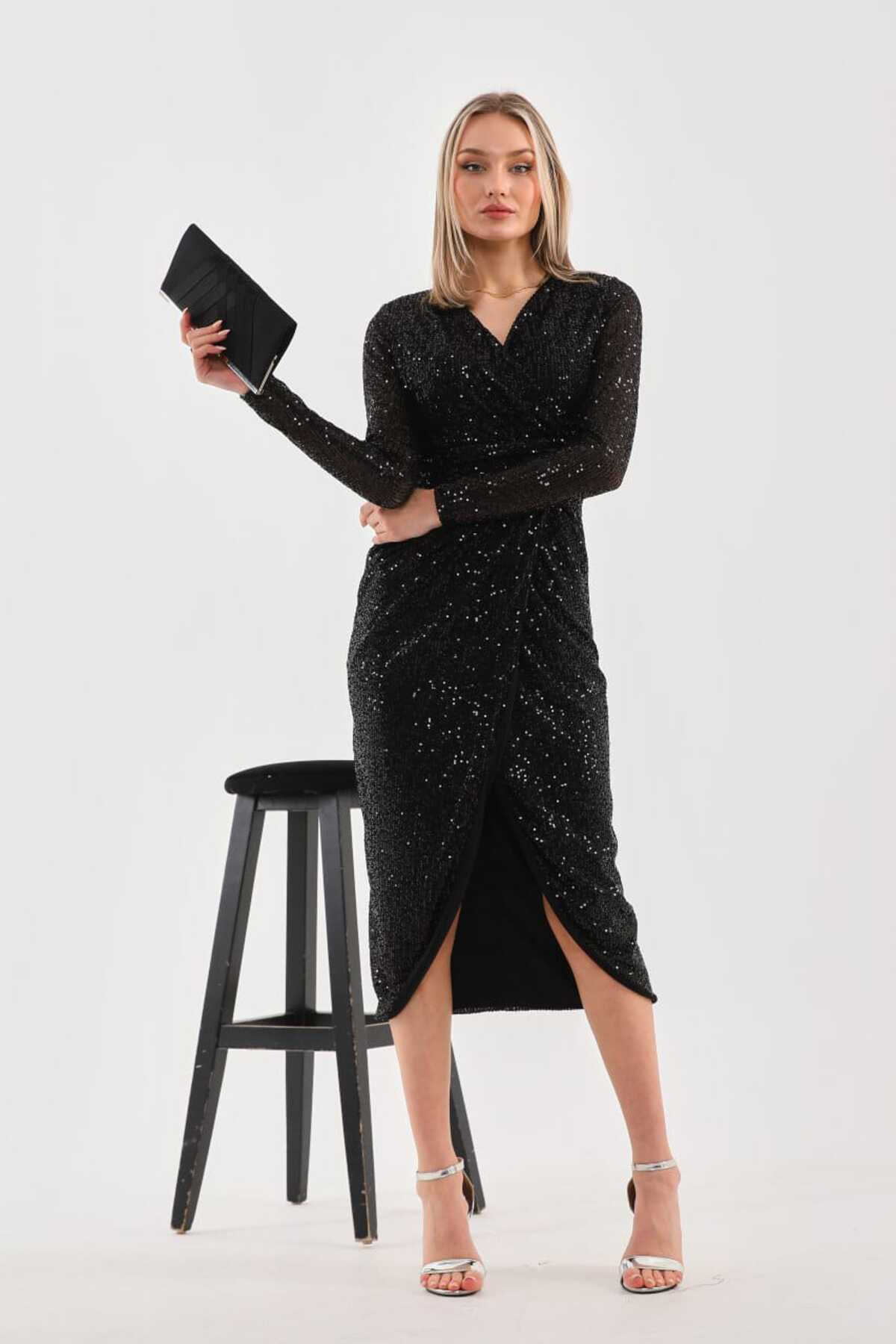 PUL PAYETLİ KRUVAZE ABİYE ELBİSE