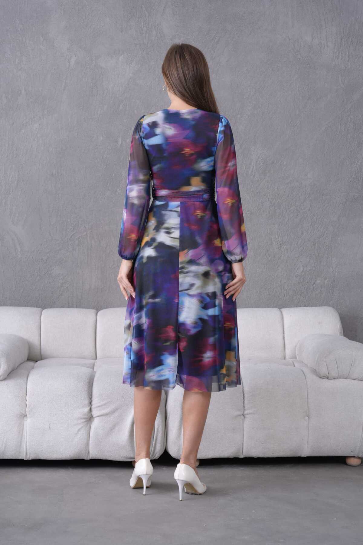 V Yaka Midi Boy Tül Elbise