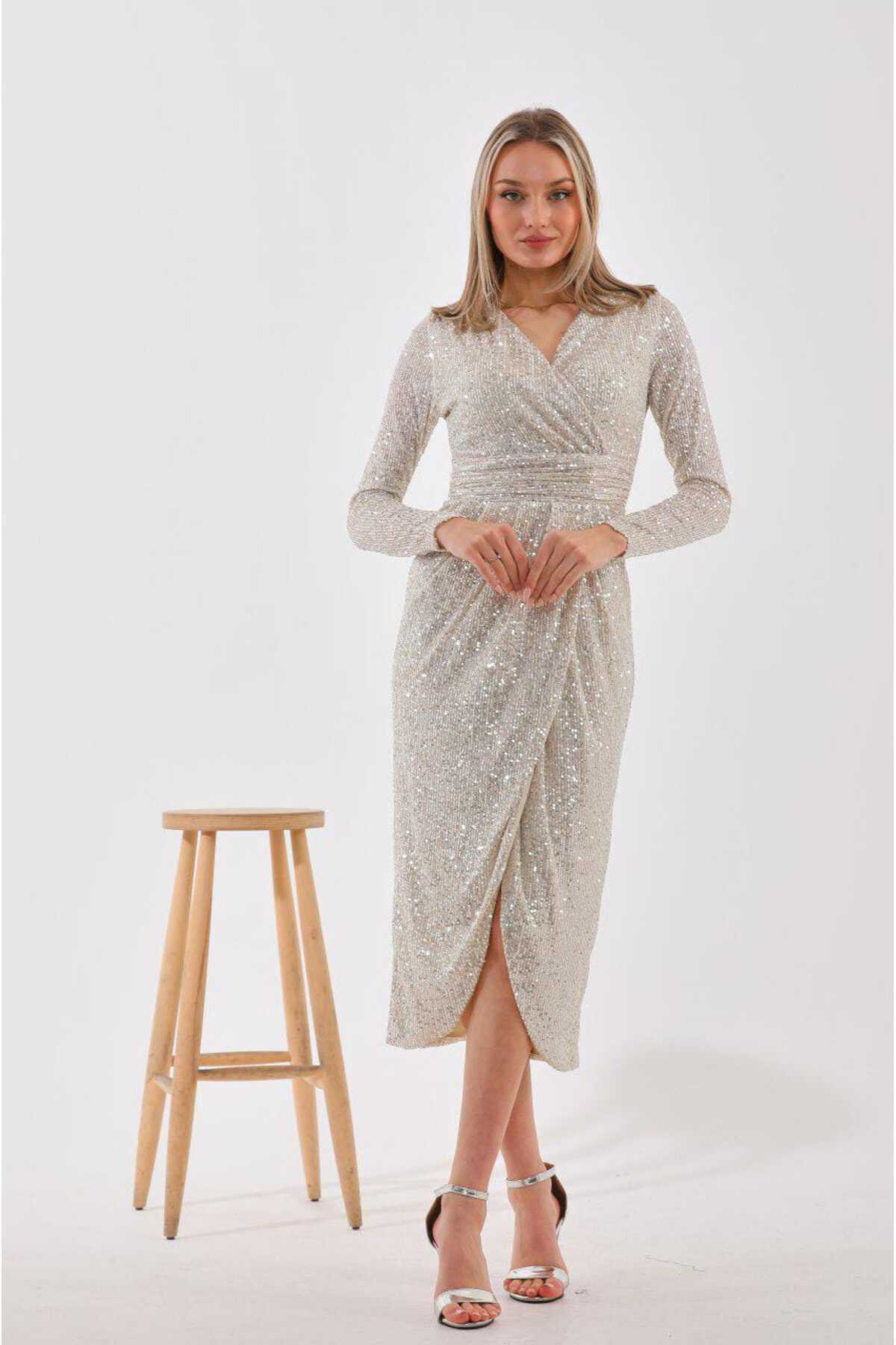 PUL PAYETLİ KRUVAZE ABİYE ELBİSE