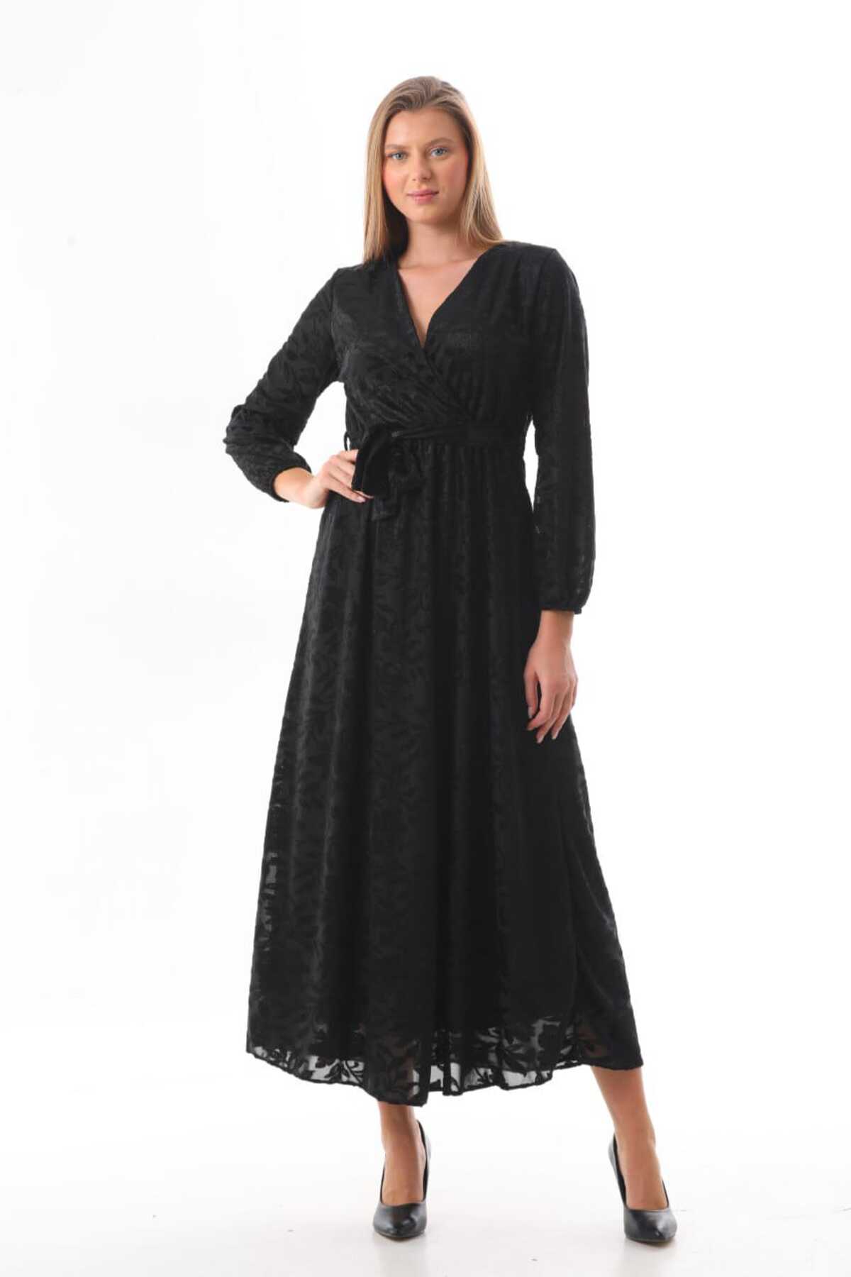 Filoklu Desenli Şifon Elbise