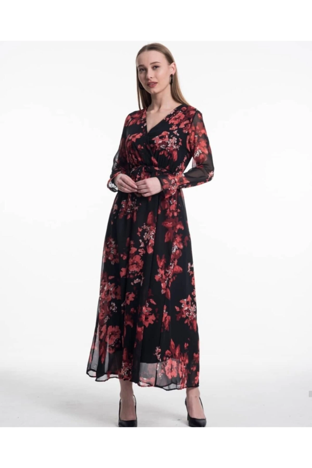 Kadın   Çiçek Desenli Uzun Şifon Elbise - nar çiçeği