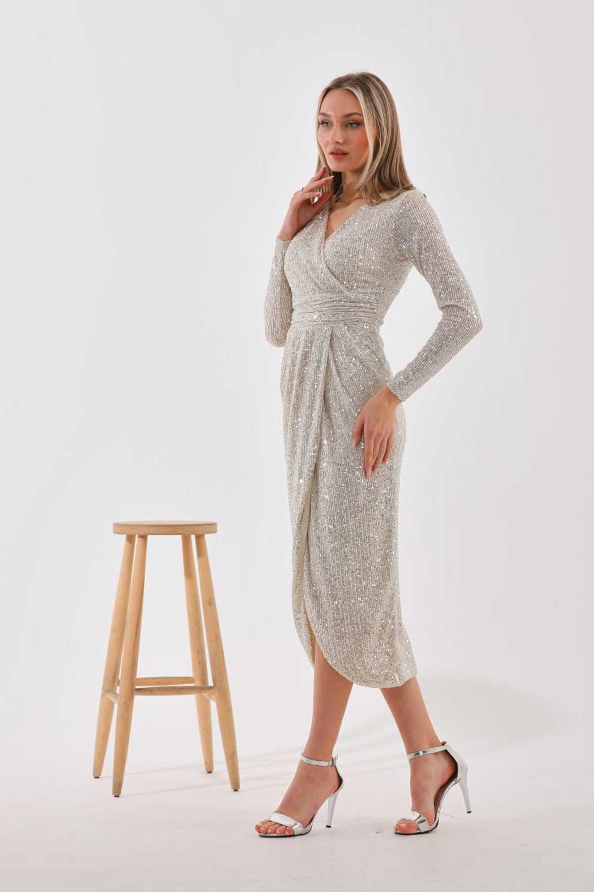 PUL PAYETLİ KRUVAZE ABİYE ELBİSE