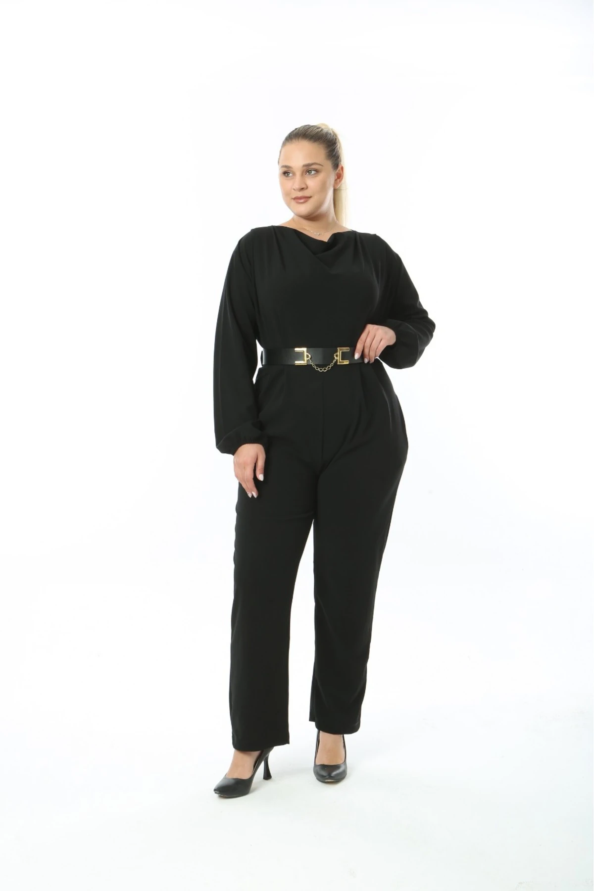 Likralı Kemerli Uzun Kollu Tulum