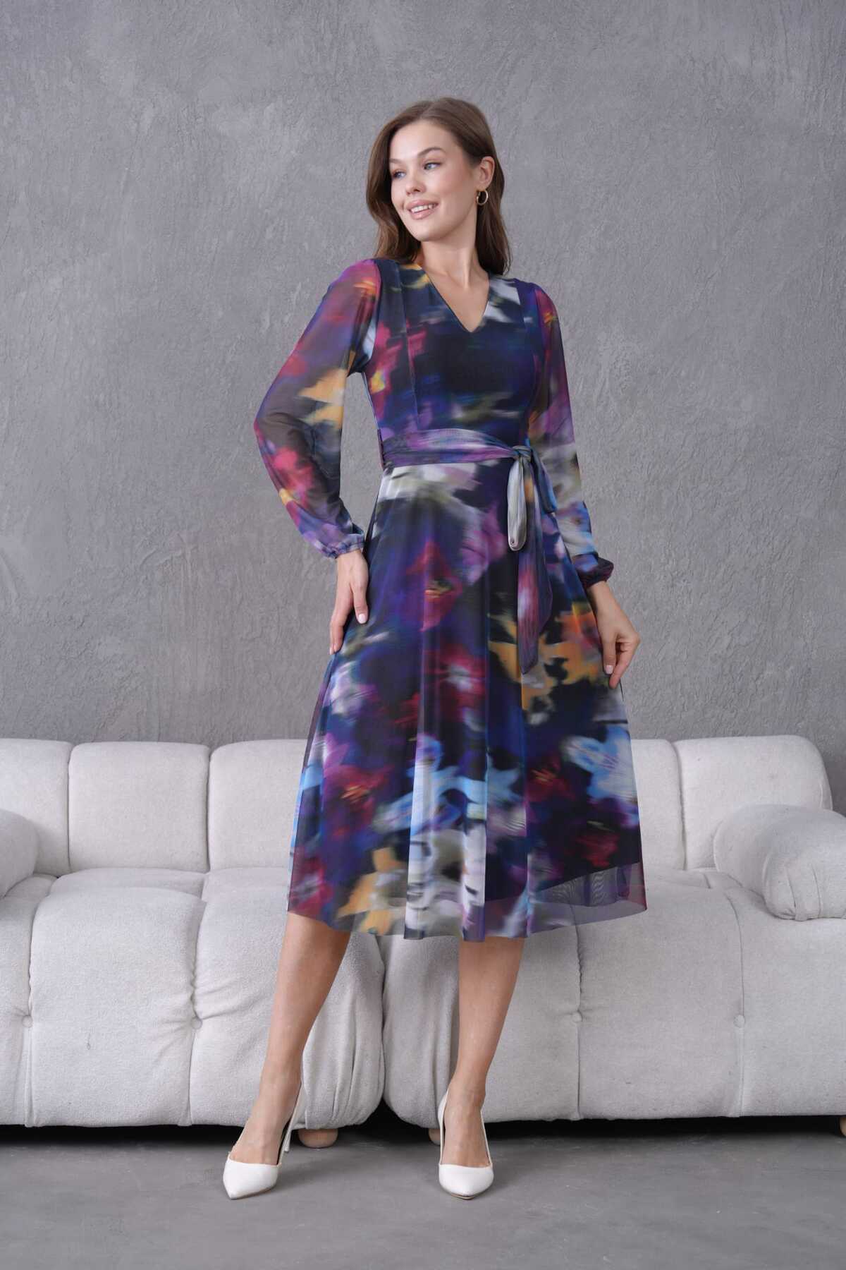 V Yaka Midi Boy Tül Elbise