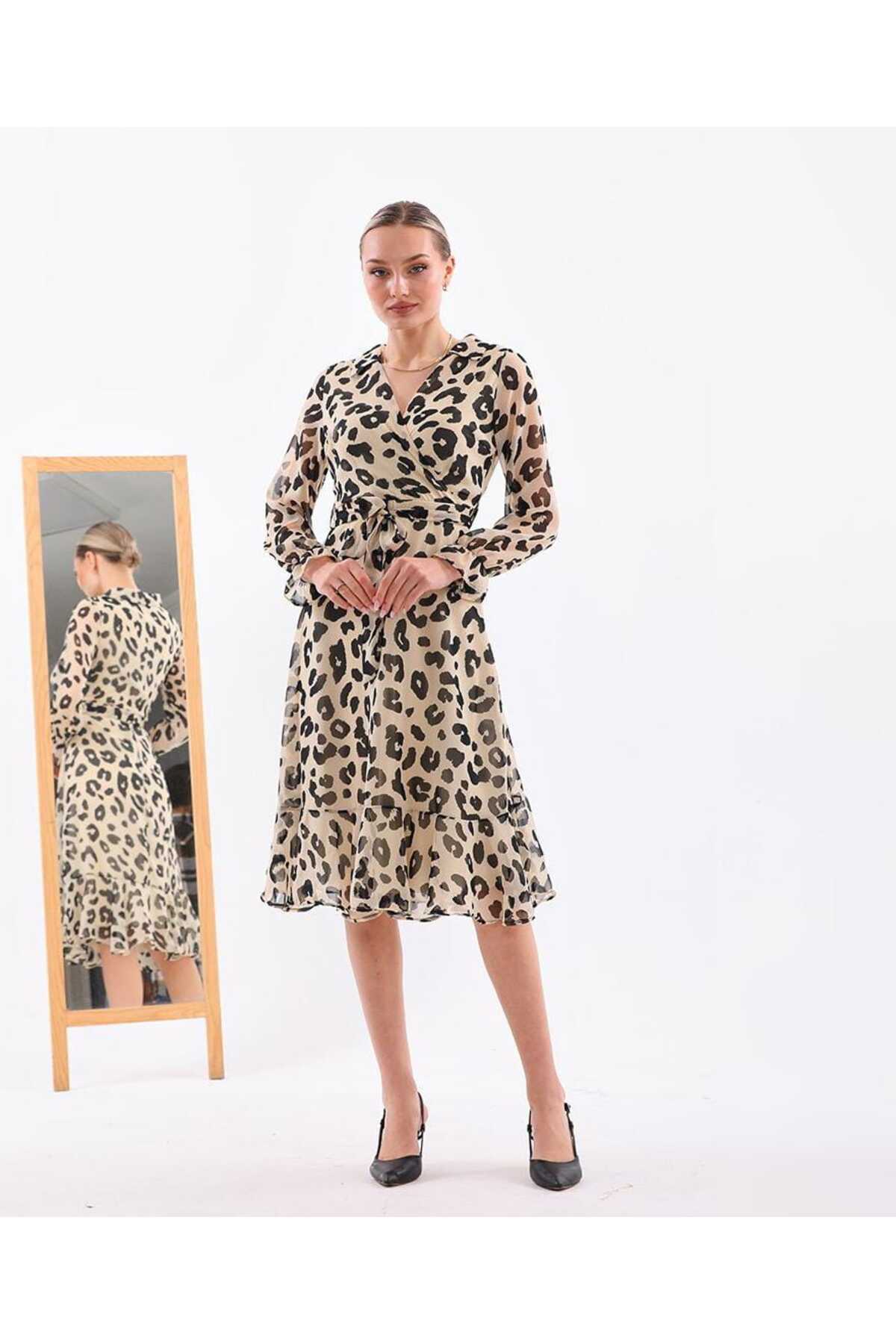 Yakalı Midi Boy Şifon Elbise