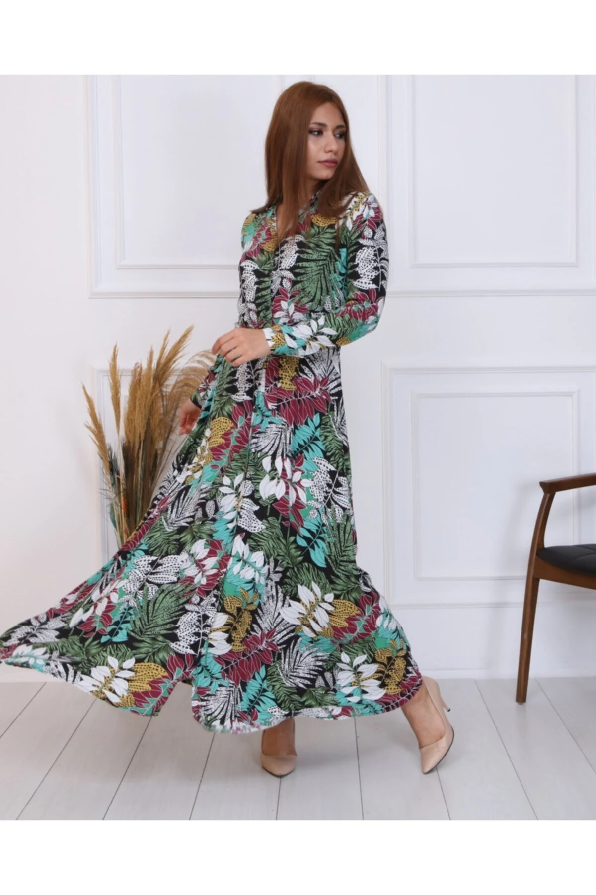 Gömlek Yaka Uzun Boy Viskon Elbise - yeşil