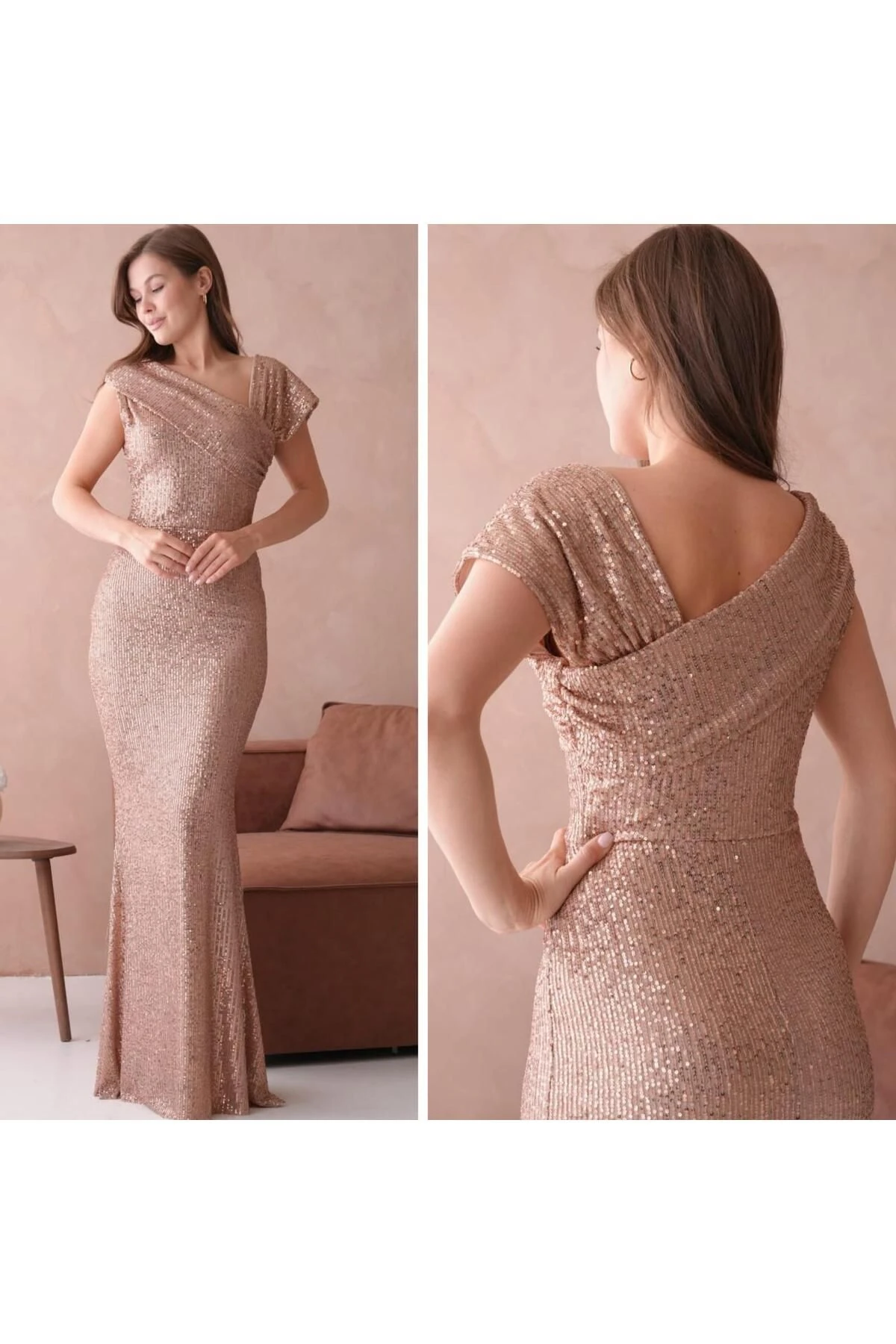 Omuz Detaylı Pul Payet Abiye Elbise - bej