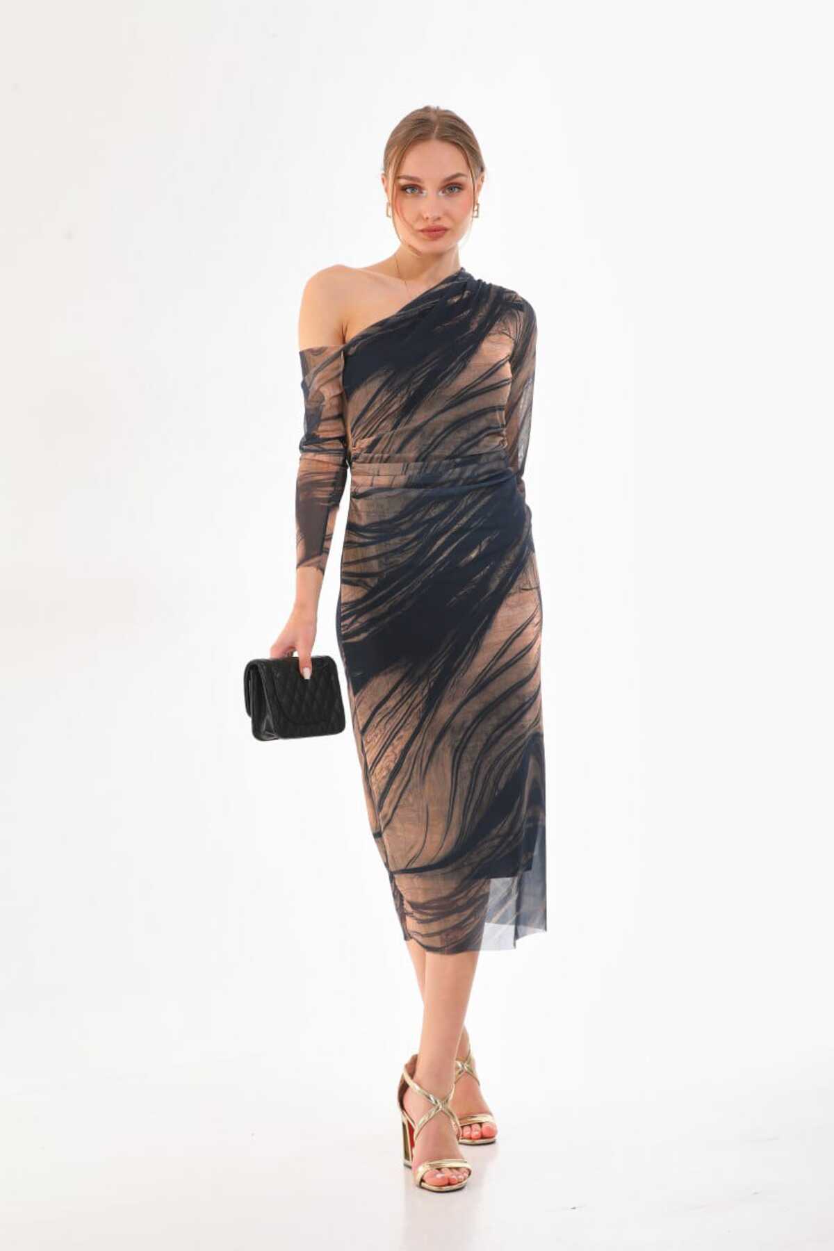 Tek Omuzlu Likralı Baskılı Tül Elbise