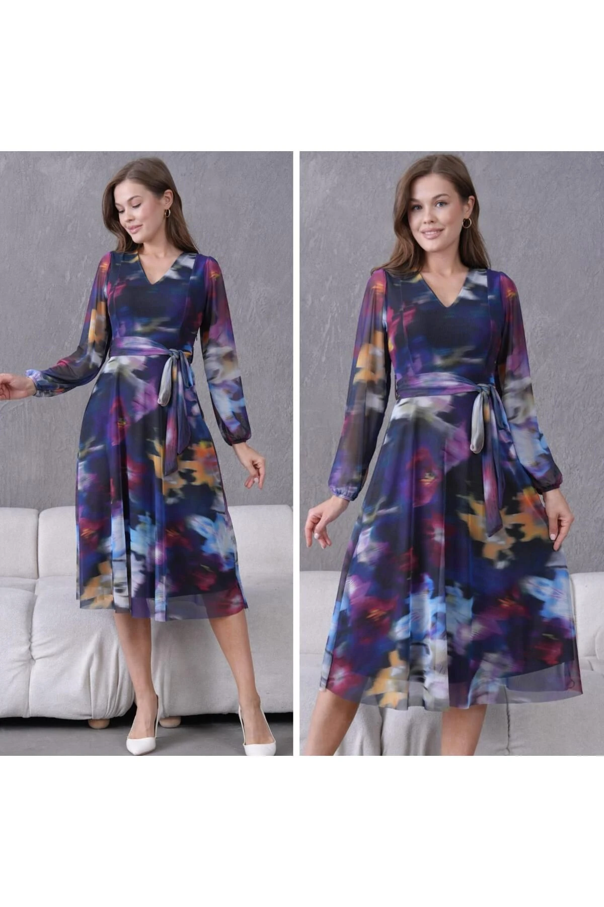 V Yaka Midi Boy Tül Elbise