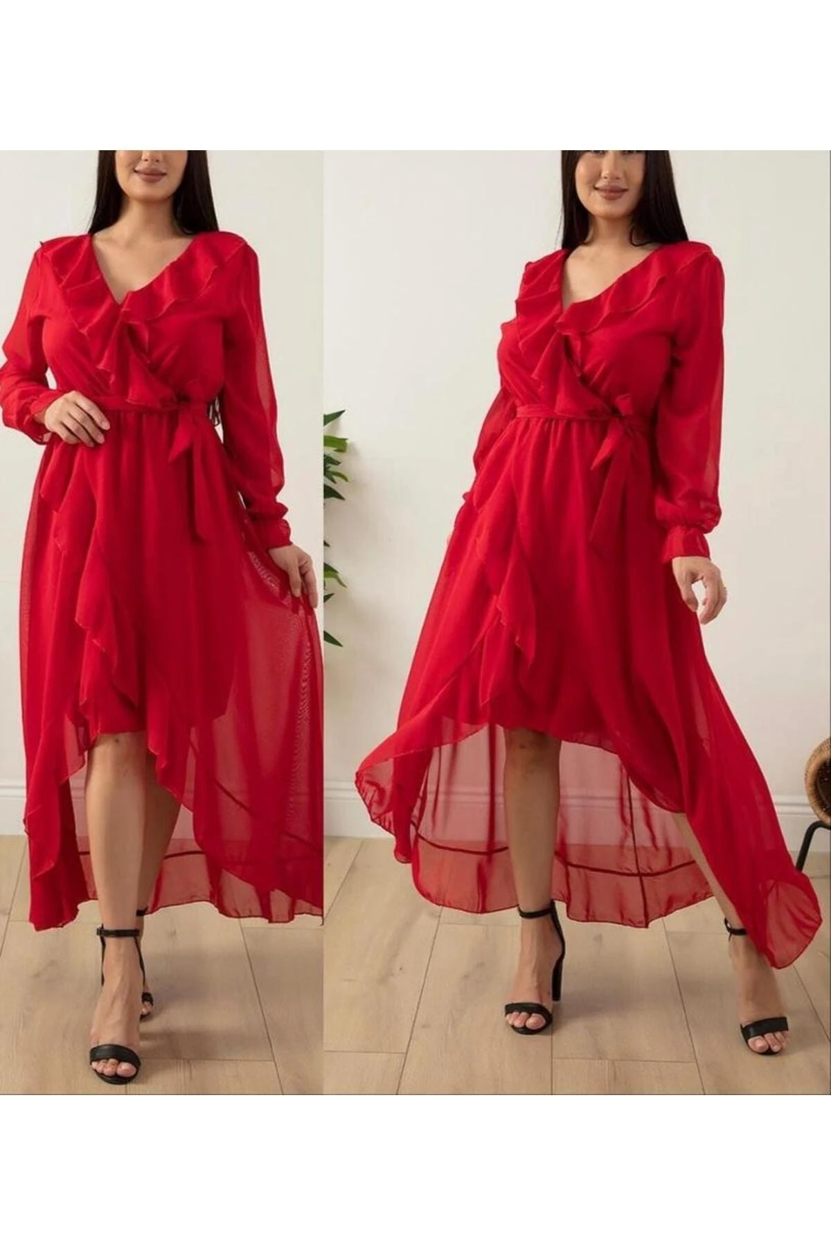 Uzun Kol Fırfırlı Düz Şifon Elbise - kırmızı