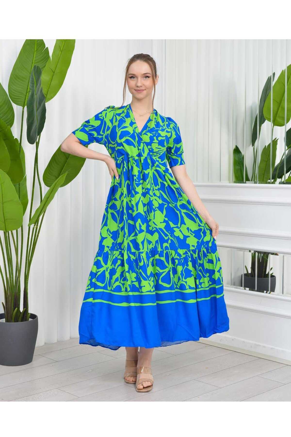 Yarım Kol Desenli Viskon Elbise