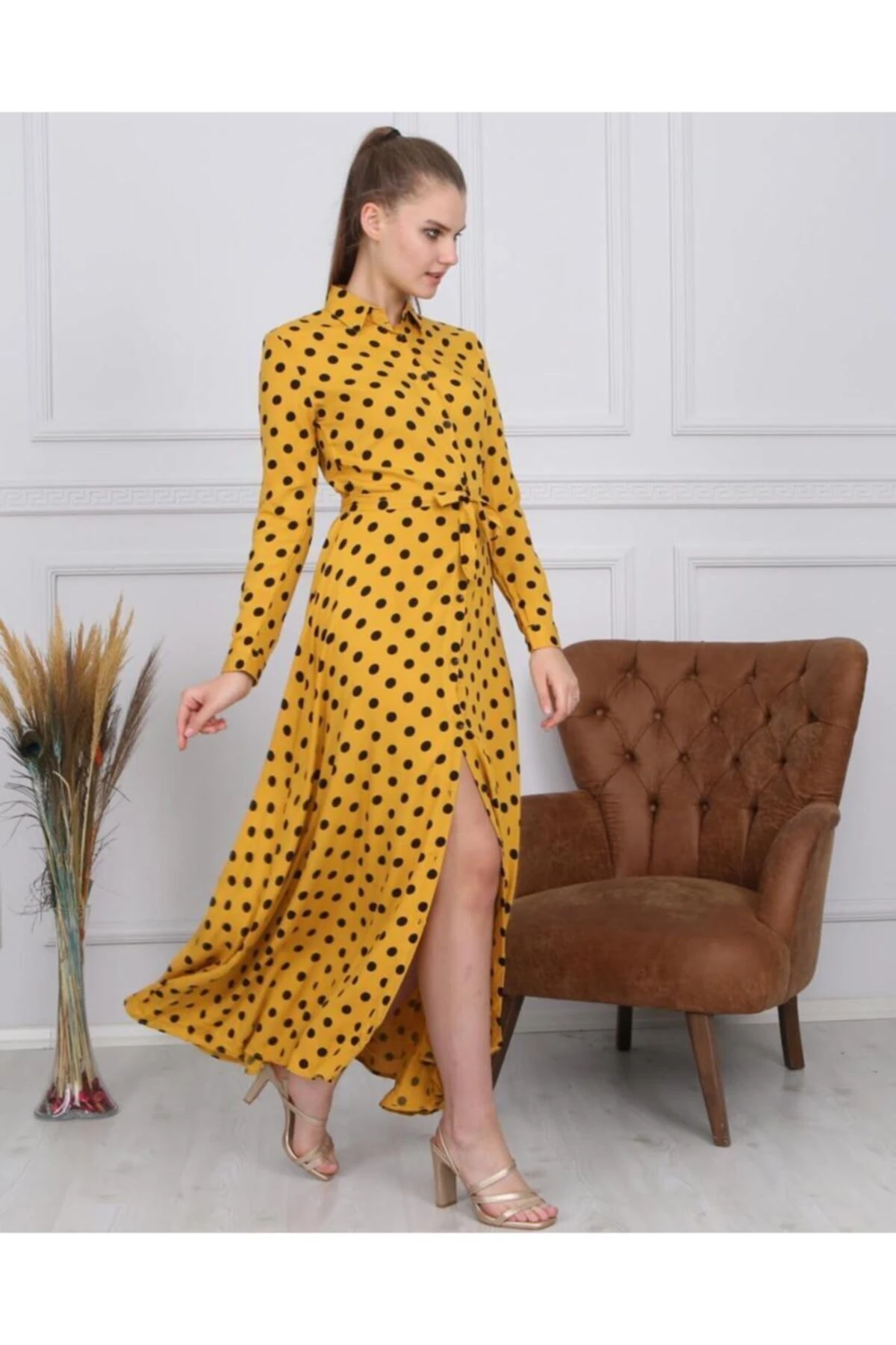 Kadın Sarı Puantiyeli Elbise