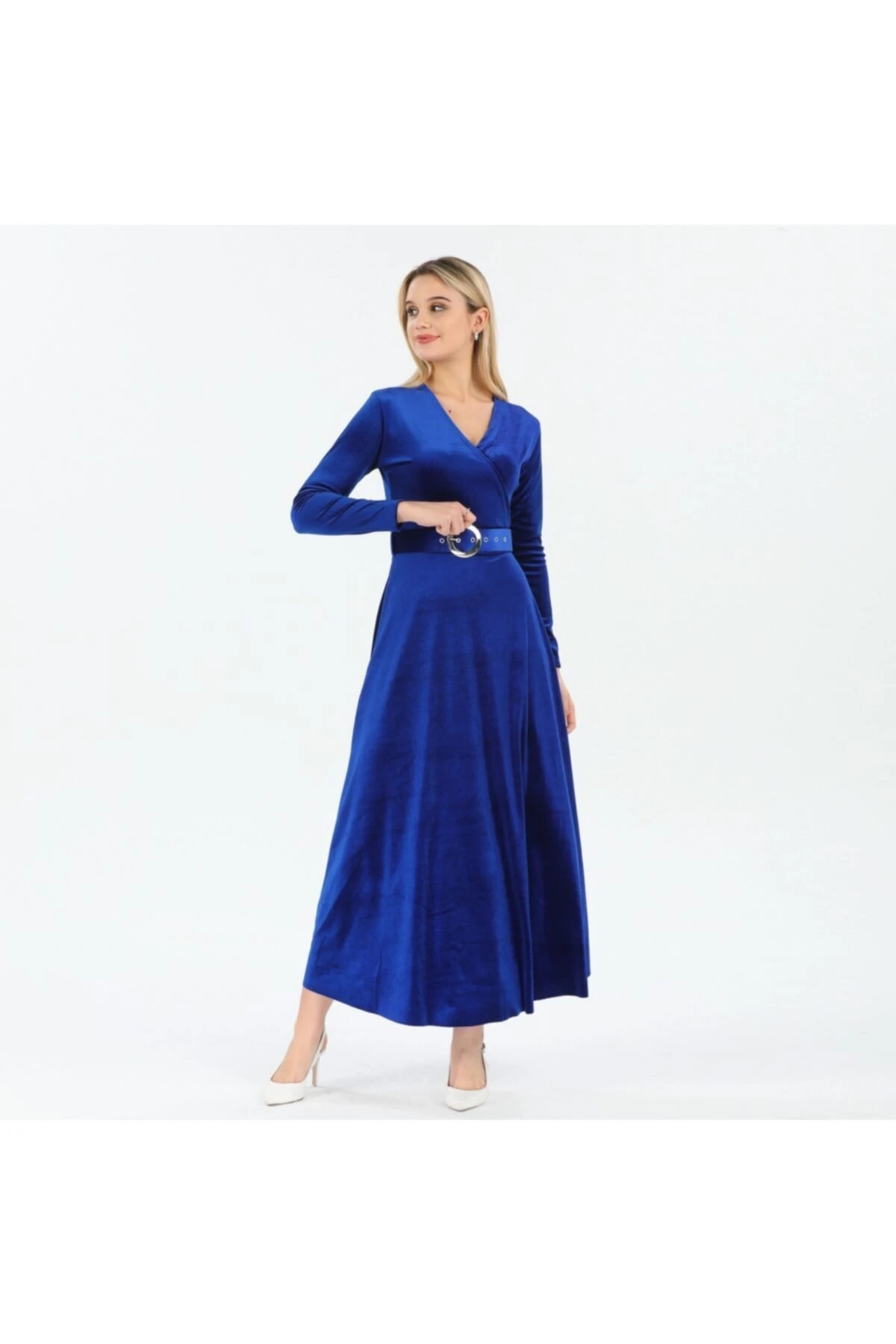 Uzun Kemerli Kadife Elbise - saks mavi