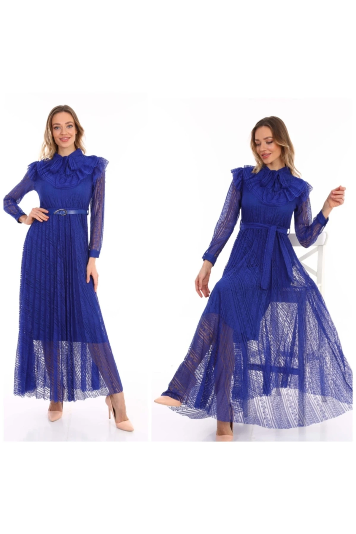 Pileli Tül Deri Kemerli Elbise