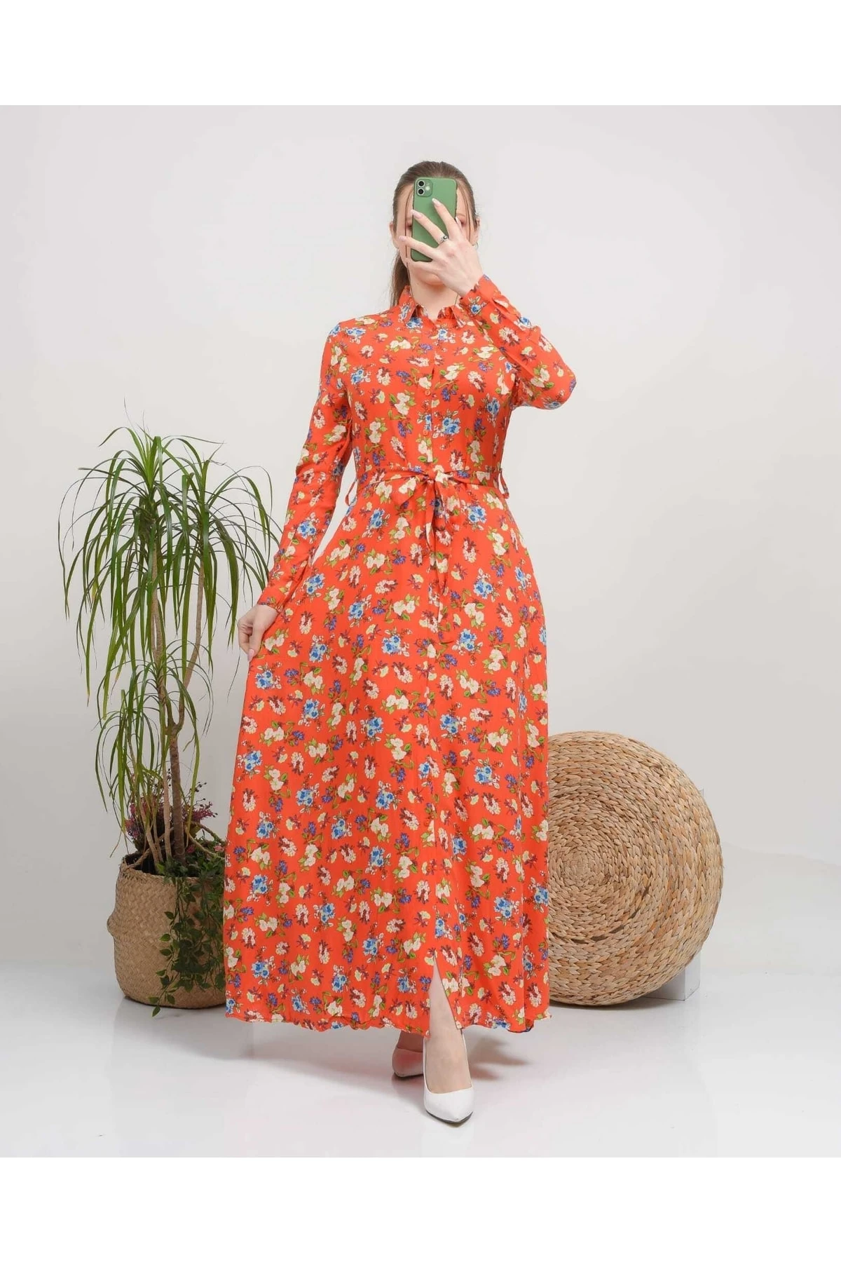 Gömlek Yaka Uzun Boy Viskon Elbise