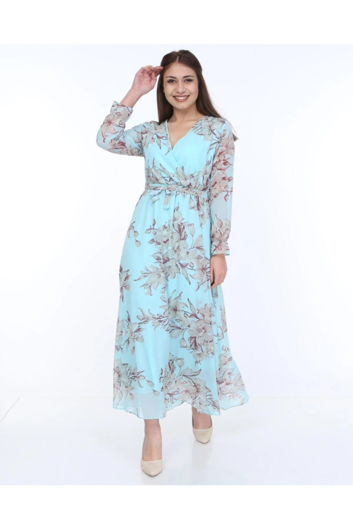 Kadın   Çiçek Desenli Uzun Şifon Elbise - mint